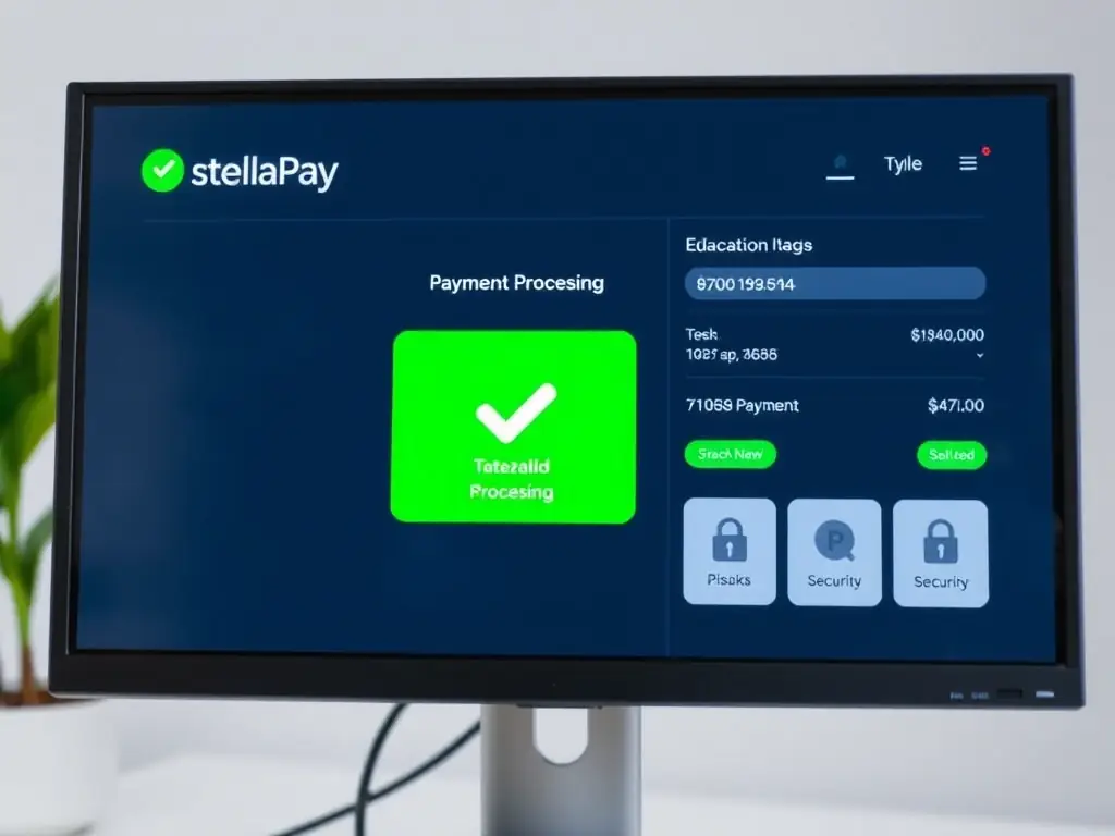 A clean, professional screenshot of StellaPay's payment processing interface, showing a successful transaction with clear data visualization and security indicators.